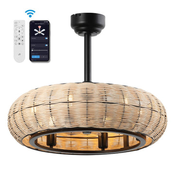 Cassidy 23" 6-Light Modern Bohemian 6-Speed Metal/Rattan Mobile-App/Remote-Controlled Height-Adjustable Lantern LED Ceiling Fan - JONATHAN Y